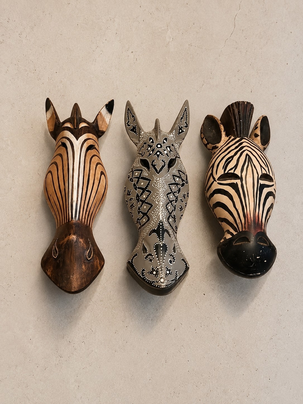 Handcrafted Zebra & Giraffe Wall Mask Trio in Natural, Black, and Beige
